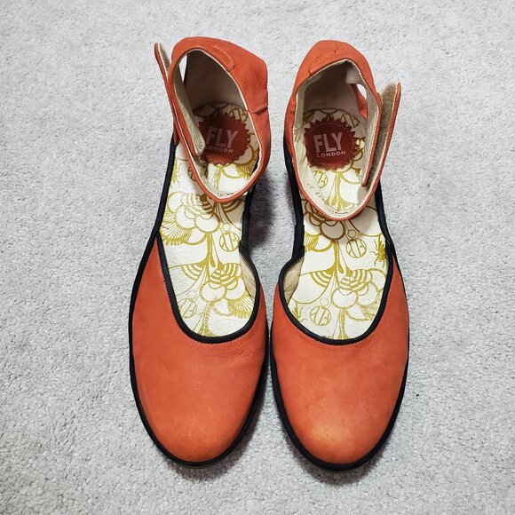 FLY LONDON Yake Ankle Strap Wedge Shoes Heels Leather Poppy Orange Women's 38 - Picture 2 of 13